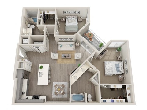 Floor plan for 2 beds, 2 baths, 1264 sqft